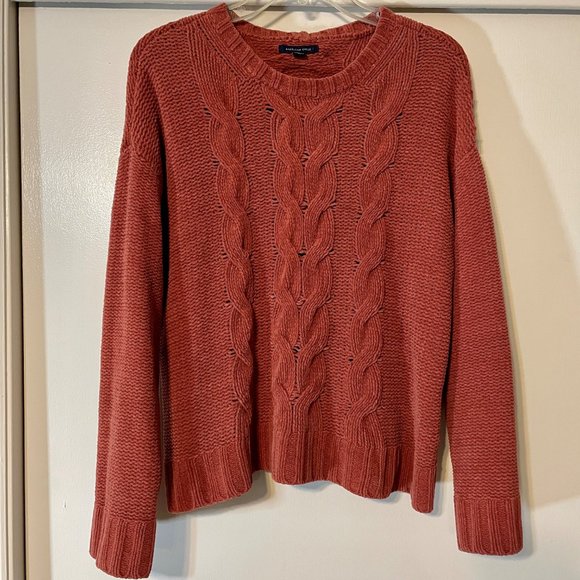 American Eagle Burnt Orange Chunky Chenille Cable Knit Cozy Crew Sweater Size M - Picture 2 of 10